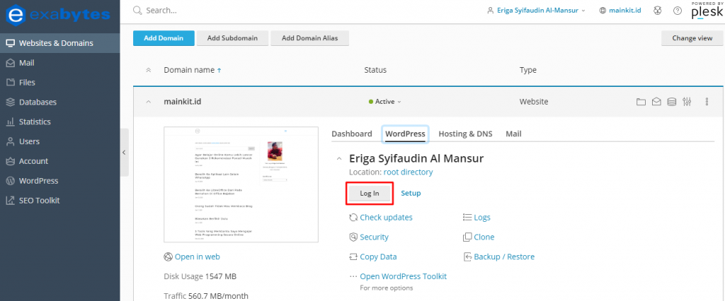 Klik tombol login yang ada di tab tersebut dan Anda akan diarahkan secara otomatis ke halaman dashboard WordPress