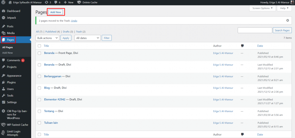 Klik Pages > Add New, untuk membuat halaman baru.