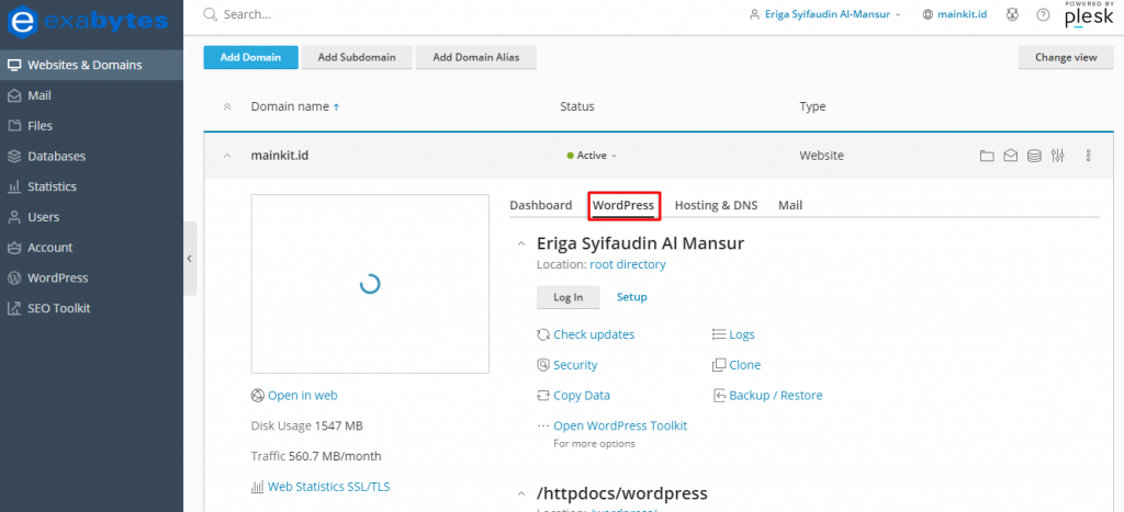 Di halaman hosting plesk, cari tab WordPress dan klik tab tersebut.