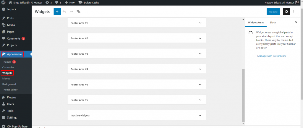 Setelah login berhasil, klik menu Appearance > Widgets.