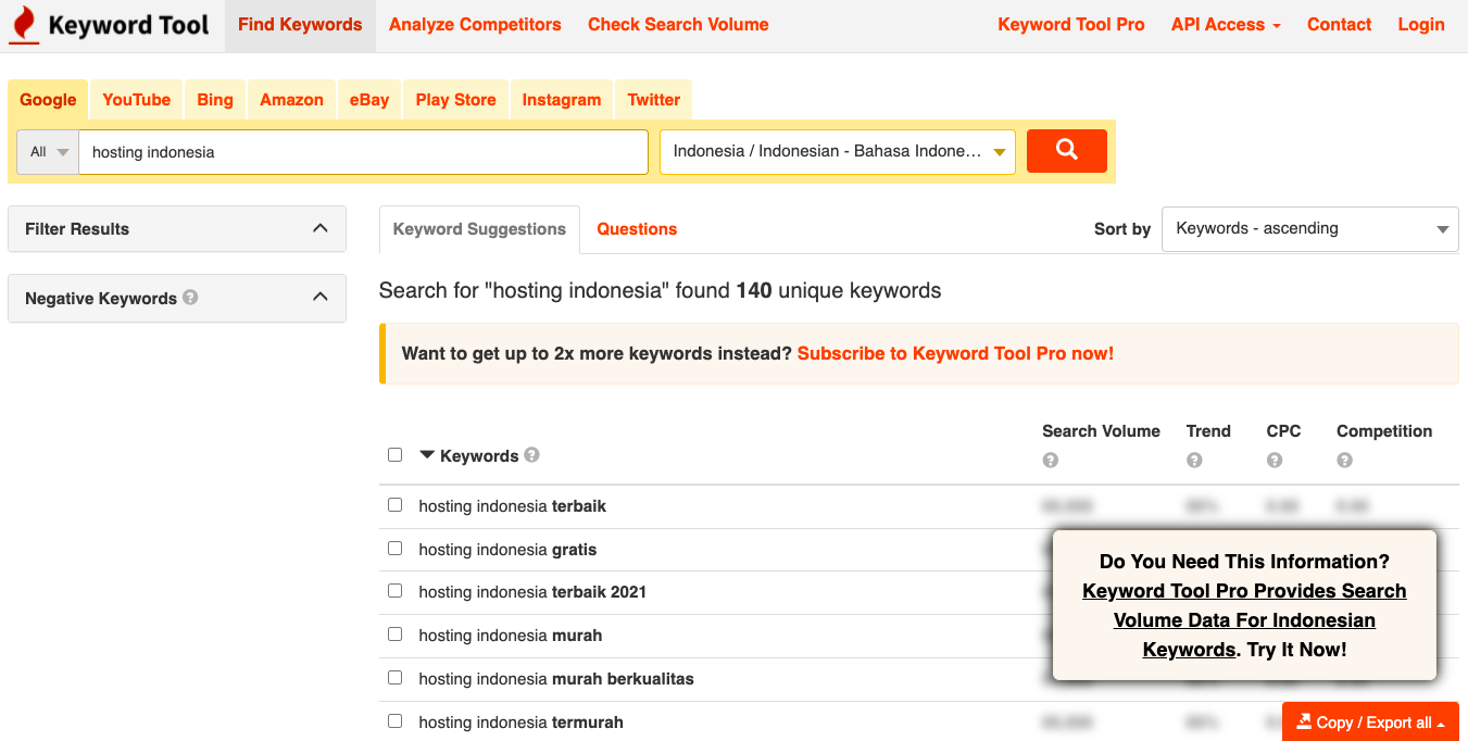 Rekomendasi keyword tools: keywordtool.io