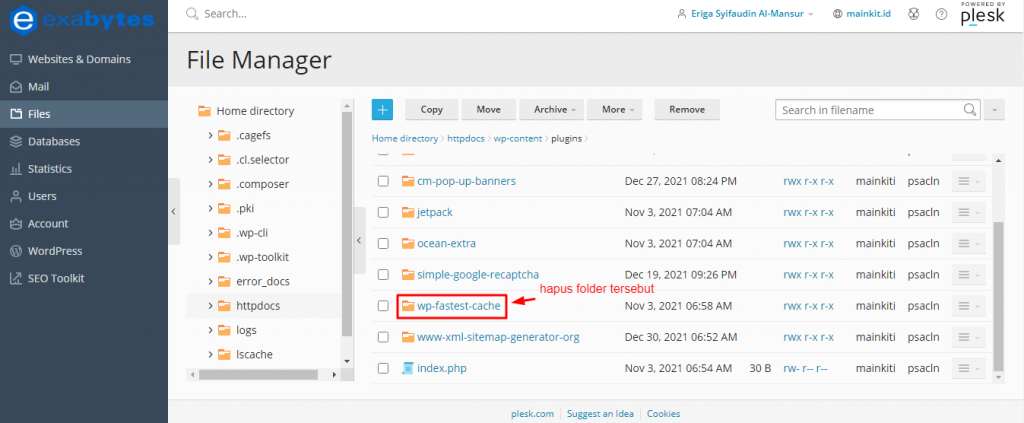 Setelah Anda masuk ke folder Plugins, cari folder dengan nama plugin yang ingin Anda perbarui dan hapus folder tersebut.