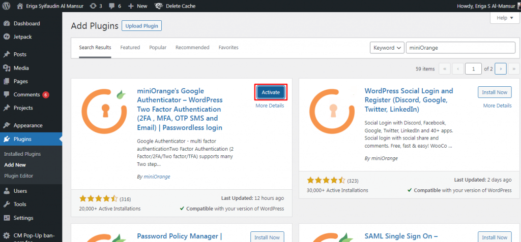 Instal dan aktifkan Google Authenticator miniOrange di halaman login WordPress Anda.