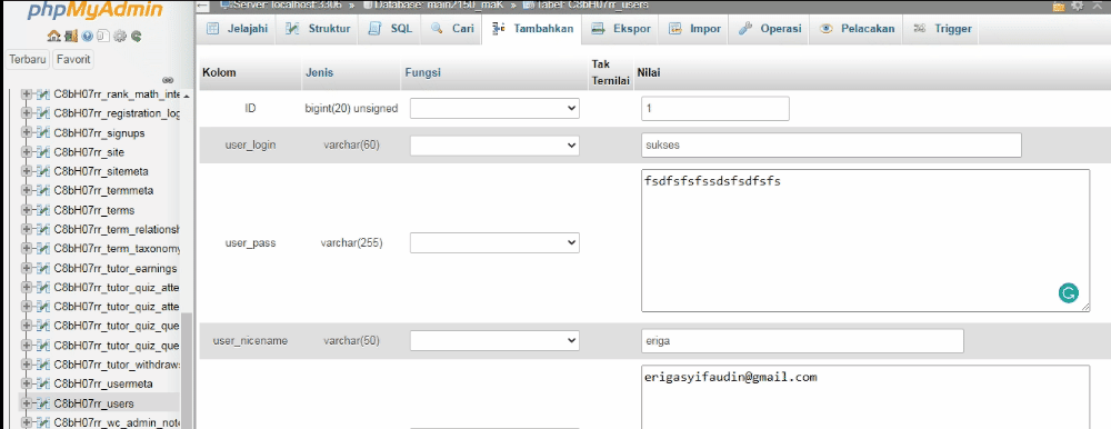 Masukan username baru pada kolom user_login dan password pada kolom user_pass. Khusus untuk pengisian password di user_pass ubah terlebih dahulu fungsinya ke MD5. Lengkapnya lihat gambar di bawah ini: