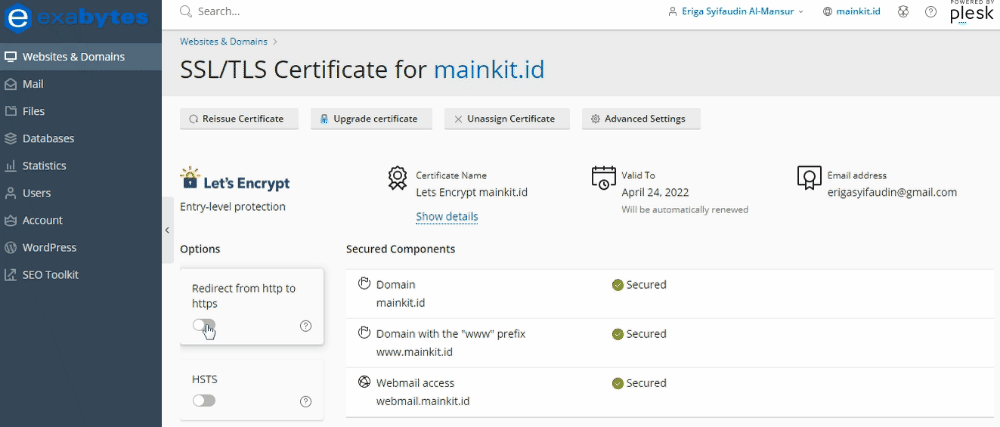 Ubah Redirect from http to https menjadi aktif.