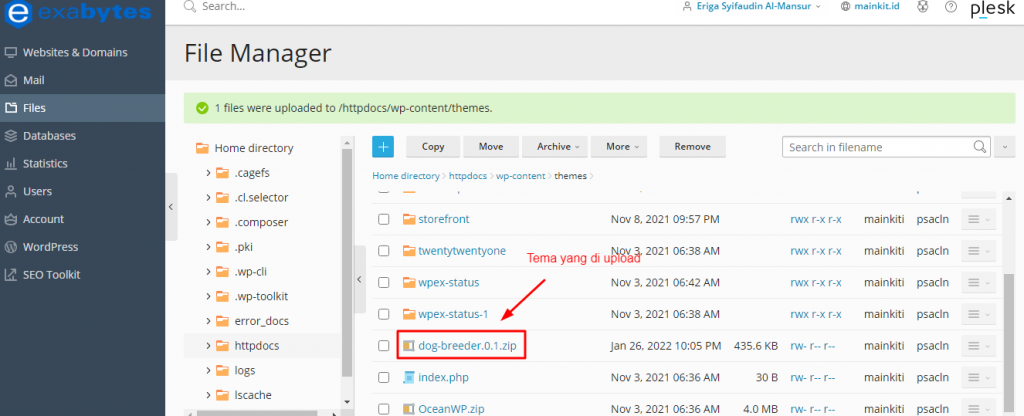 Setelah selesai di upload, ceklis file berextensi .zip tersebut dan klik tombol A