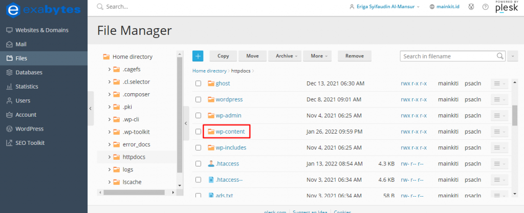 Cari folder wp-content dan klik folder tersebut.