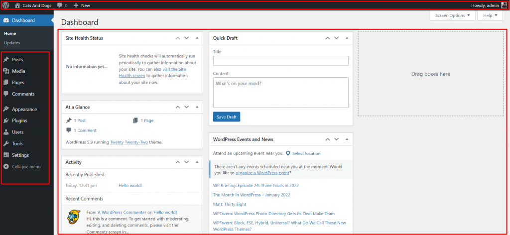 Cara Membuat WordPress Bagi Pemula (Tutorial Lengkap) - Tutorial Digital Marketing, Website, & Bisnis Online - Exabytes Itu adalah halaman dashboard WordPress dan di sanalah Anda mengelola website. Nah, jika kita lihat dashboard WordPress tersebut ada bagian-bagiannya dan kami mengelompokan tiga bagian utama di antaranya adalah (1) toolbar, (2) menu dan (3) area kerja.