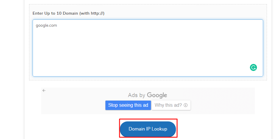 Sekarang, Anda hanya cukup memasukkan alamat domain website dan klik Domain IP Lookup, tunggu beberapa saat sampai menampilkan informasi yang Anda perlukan.