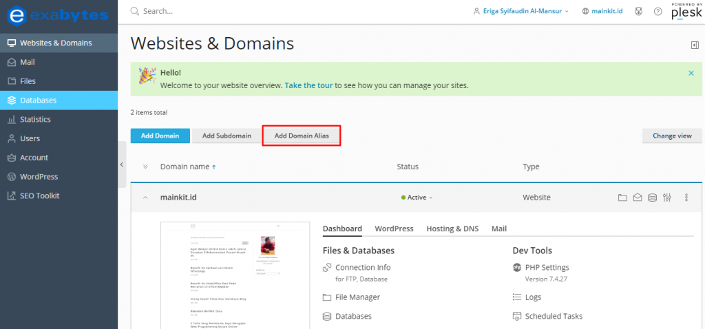 Langkah 6: Klik menu Add Domain Aliases.
