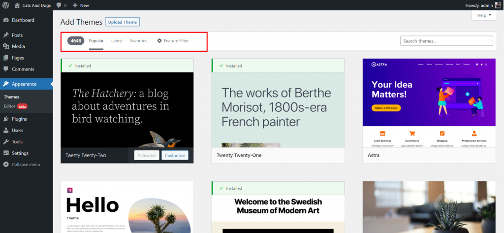 Cara Membuat WordPress Bagi Pemula (Tutorial Lengkap) - Tutorial Digital Marketing, Website, & Bisnis Online - Exabytes Nanti akan masuk ke halaman kumpulan tema, di halaman tersebut Anda bisa memilih sesuai dengan kebutuhan. Ada beberapa kategori yang tersedia seperti kategori Featured, Popular dan Latest.