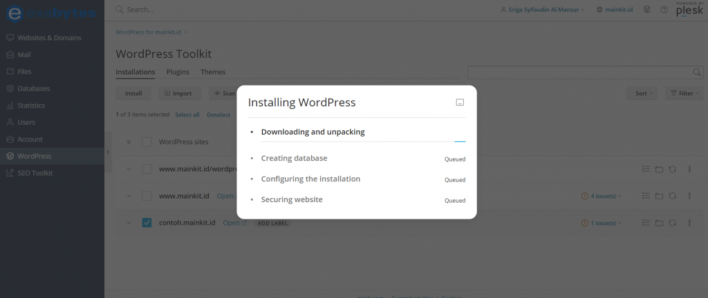 Cara Membuat WordPress Bagi Pemula (Tutorial Lengkap) - Tutorial Digital Marketing, Website, & Bisnis Online - Exabytes Langkah 7: Tunggu beberapa saat sampai proses instalasi berhasil.
