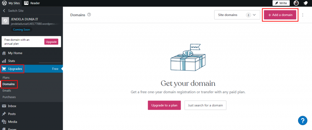 Klik Upgrades > Domains > Add a domain.