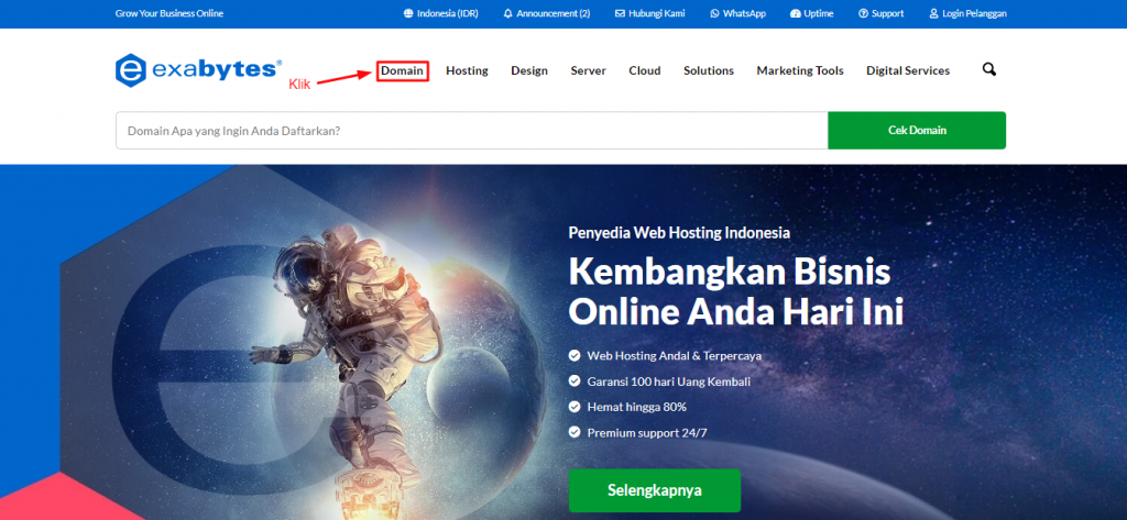 Langkah 1 Cara custom domain wordpress: Buka halaman website Exabytes Indonesia dan menu Domain.