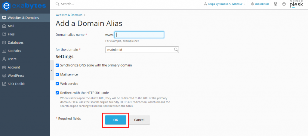 Isi nama domain yang ingin Anda setting dan klik tombol OK untuk menyimpan perubahan tersebut.