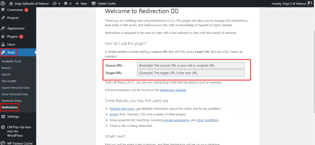 Plugin tersebut bernama Redirection, dengan menggunakan plugin ini Anda tidak perlu melakukan koding apapun. Anda hanya cukup instal plugin tersebut dan masuk ke dashboard lalu masukkan URL lama dan URL baru. 