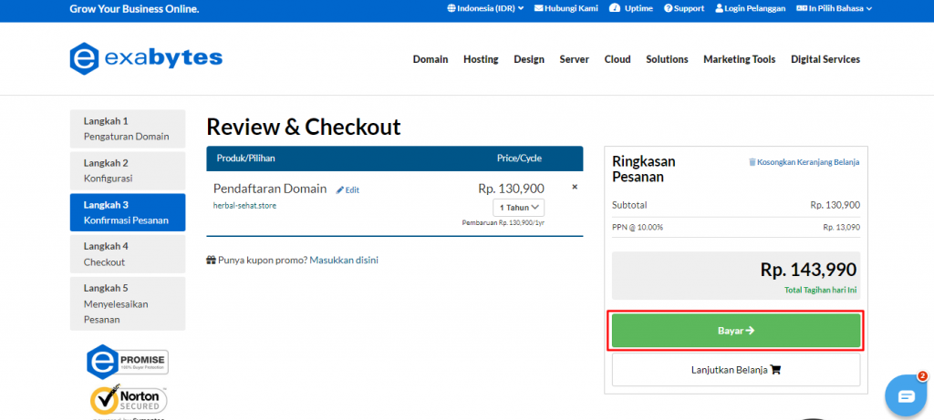 Nantinya akan muncul halaman review & checkout, klik Bayar.