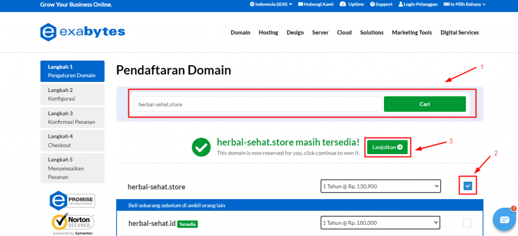Masukkan nama domain Anda di kolom yang disediakan, setelah dimasukkan akan muncul daftar harga domain dari berbagai macam ekstensi. Karena dalam hal ini kita akan memilih domain .STORE maka pilih domain dengan ekstensi tersebut dan klik lanjutkan.