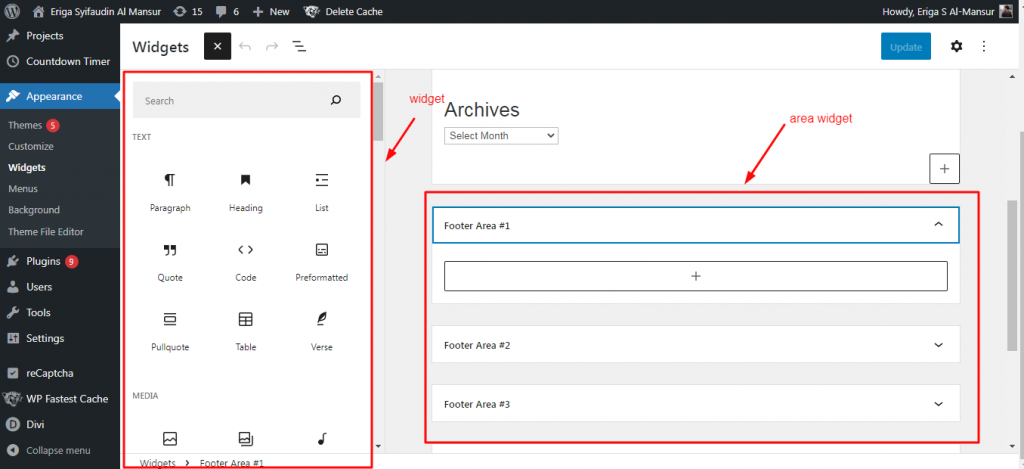 cara menambahkan widget via dashboard wordpress