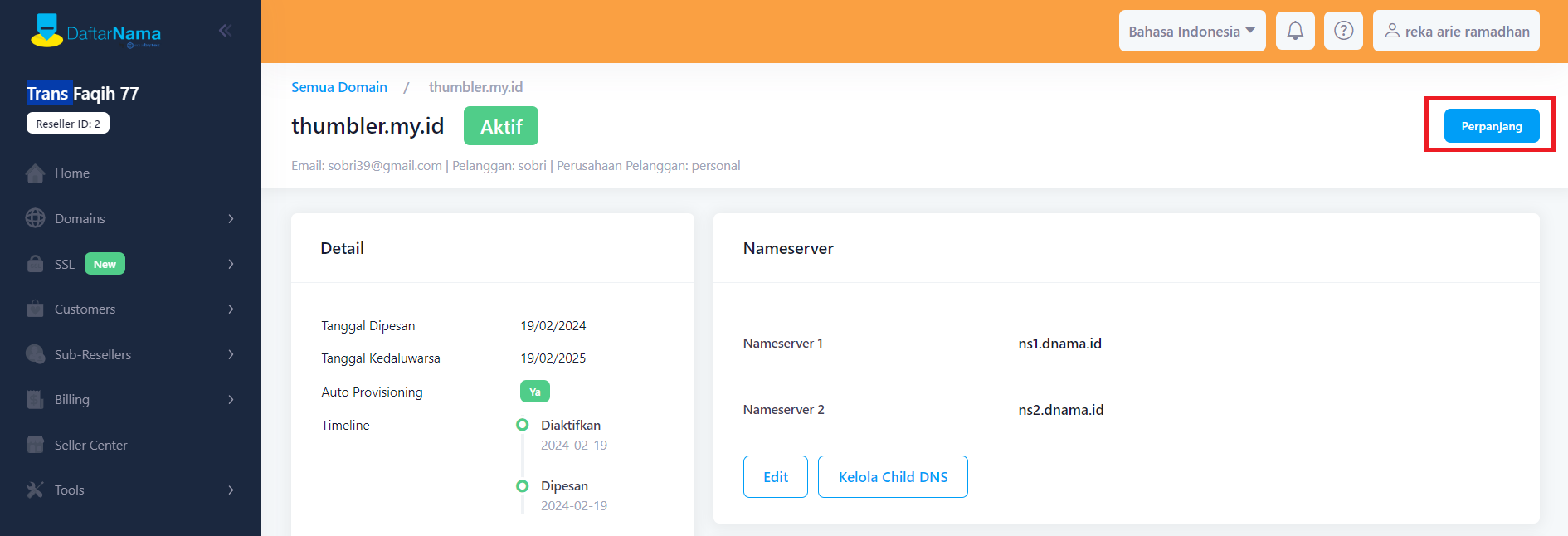 Cara Perpanjangan Domain untuk Reseller Domain Exabytes - Tutorial Digital Marketing, Website, & Bisnis Online - Exabytes 4. Klik nama domain yang ingin dilakukan perpanjangan.