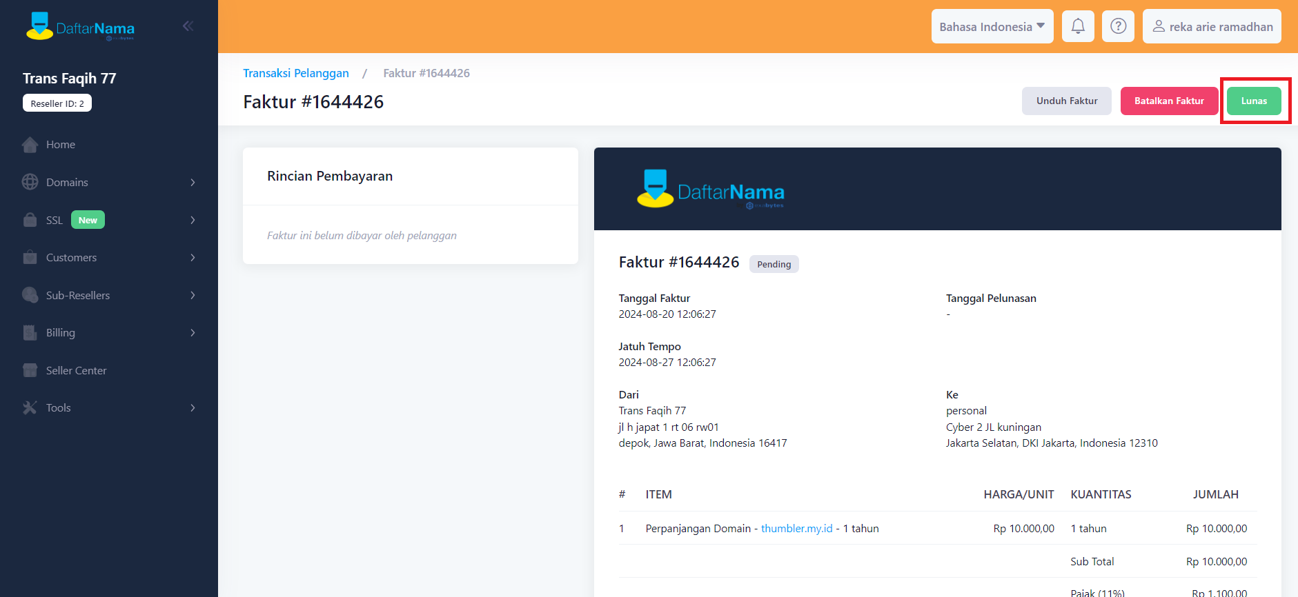 Cara Perpanjangan Domain untuk Reseller Domain Exabytes - Tutorial Digital Marketing, Website, & Bisnis Online - Exabytes 8. Invoice akan terbit, lalu jika ingin di perpanjang segera klik LUNAS.