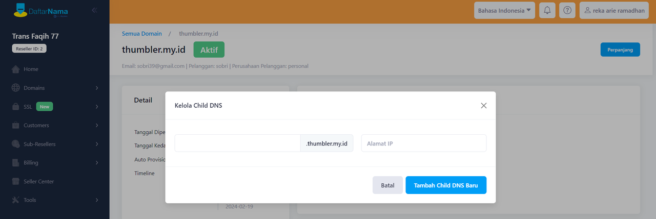 Cara Membuat Child Name Server untuk Reseller Domain Exabytes - Tutorial Digital Marketing, Website, & Bisnis Online - Exabytes Buka Menu Kelola Child DNS